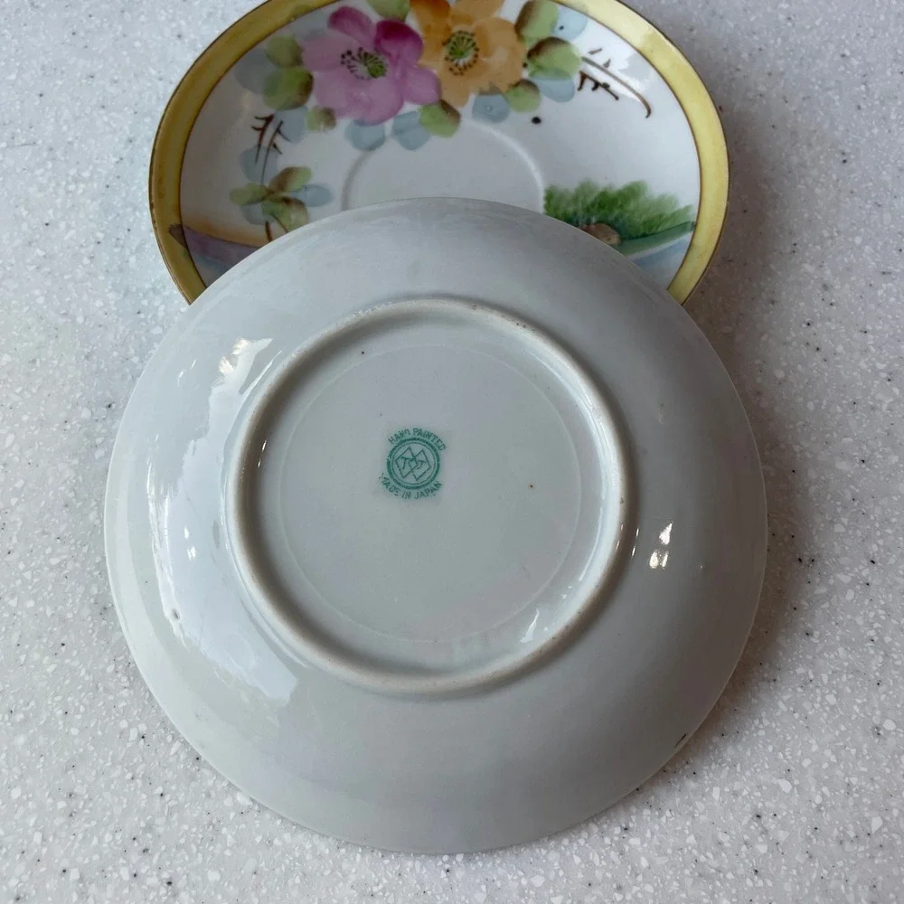 Vintage Takito TT Hand Painted Japan Saucers Floral Landscape Set of 2 5.5